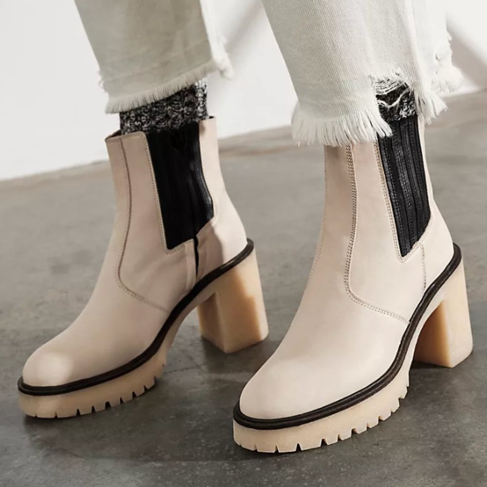 White Leather Free People James Chelsea Heeled Boots in Bone